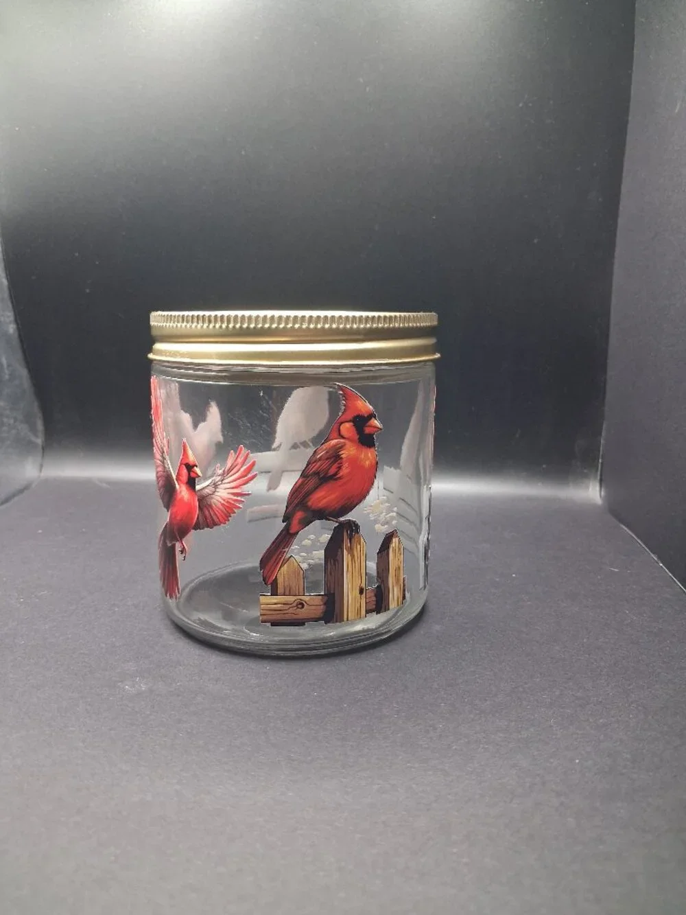 Cardinal Winter Glass Storage Jar 16oz Gold Lid